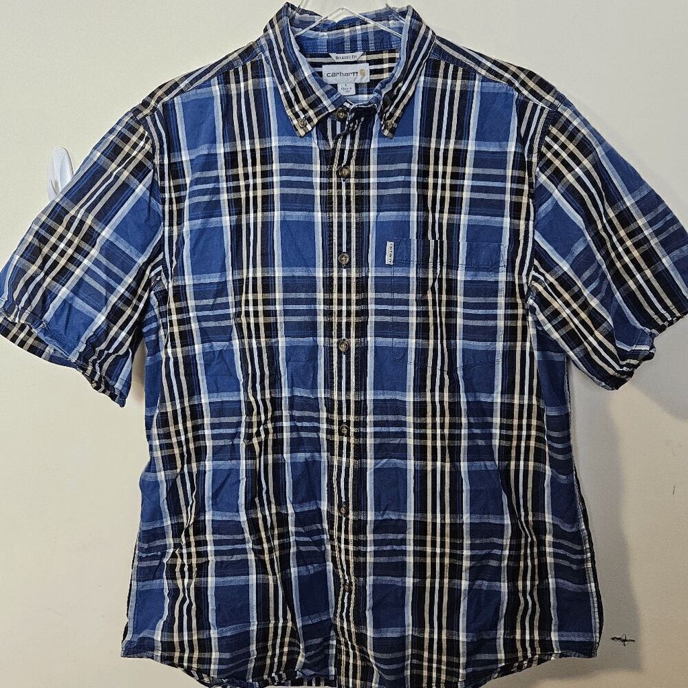 Carhartt Essential Plaid Relaxed Fit Short Sleeve  Button Down Shirt Mens Blue/T